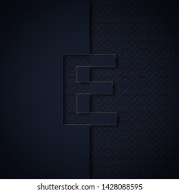 Silhouette initial letter E isolated on black textured background. Letter logo or emblem in paper cut style. Modern 3d design for advertising, monogram, card, cover, poster, banner, decoration.