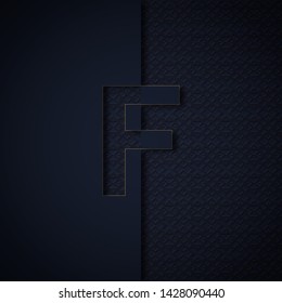 Silhouette initial letter F isolated on black textured background. Letter logo or emblem in paper cut style. Modern 3d design for advertising, monogram, card, cover, poster, banner, decoration.
