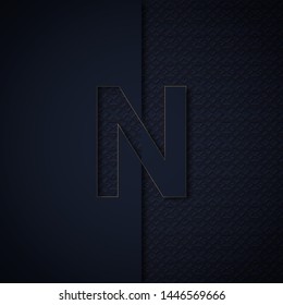 Silhouette initial letter N isolated on black textured background. Letter logo or emblem in paper cut style. Modern 3d design for advertising, monogram, card, cover, poster, banner, decoration.