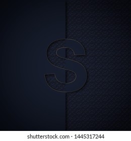 Silhouette initial letter S isolated on black textured background. Letter logo or emblem in paper cut style. Modern 3d design for advertising, monogram, card, cover, poster, banner, decoration.