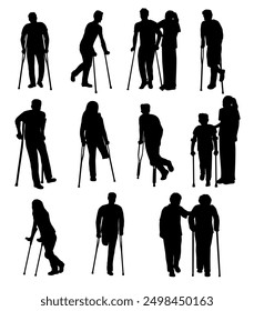 Silhouette of an injured man on crutches, patient with crutch, walking with cane