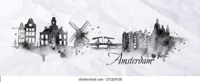 Silhouette ink Amsterdam city painted with splashes of ink drops streaks landmarks drawing on crumpled paper.