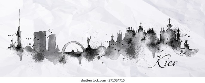 Silhouette ink Kiev city painted with splashes and drops streaks landmarks drawing on crumpled paper.