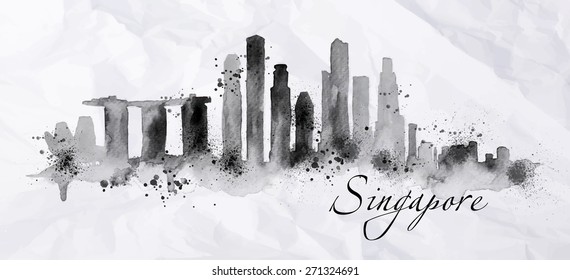 Silhouette ink Singapore city painted with splashes and drops streaks landmarks drawing on crumpled paper.