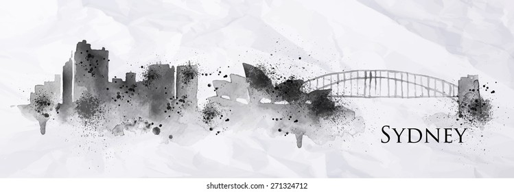 Silhouette Ink Sydney City Painted With Splashes And Drops Streaks Landmarks Drawing In Black Ink On Crumpled Paper.