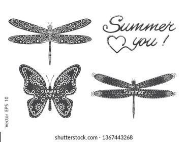 Silhouette of insects, butterfly, dragonfly.Summer labels, logos, and elements set for summer holiday.Leisure, vac