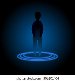 Silhouette inside teleport disc. Vector illustration for ufo, future transportation technology, sci-fi mystery character.