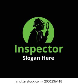 Silhouette of Inspector with Magnifying Glass Inspecting Research Logo Design Premium Vector