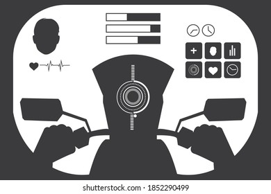 Silhouette of an intelligent motorcycle riding system. Smart helmet. Wireless communication, augmented reality network. innovative helmet technology vr. Third person view. Motorcyclist eyes.