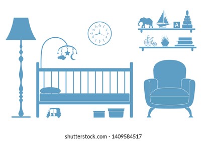 Silhouette of the interior of the children's room. Room for the baby with a cot and furniture. Vector illustration.