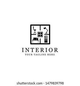 silhouette interior logo, minimalist room isolated white background