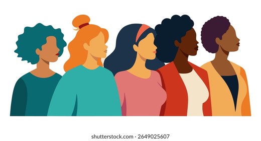 Silhouette International women. vector illustration. Feminism concept. Different ethnic group, International Women's Day. Feminists together. Silhouette illustration