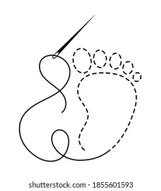 Silhouette of interrupted embroidered baby footprint with thread and sewing needle. Black isolated vector illustration of handmade work and creative occupation
