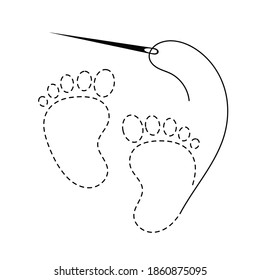 Silhouette of interrupted embroidered baby footprint with thread and sewing needle. Black isolated vector illustration of handmade work and creative occupation
