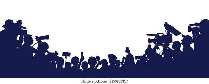 Silhouette of interviewing Journalists. Press conference of reporters. Crowd of people with video cameras and microphones. Vector illustration