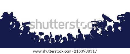 Silhouette of interviewing Journalists. Press conference of reporters. Crowd of people with video cameras and microphones. Vector illustration