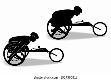 silhouette of an invalid athlete on a wheelchair , black and white drawing, white background