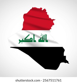 Silhouette of Iraq map filled with the Iraqi flag design, symbolizing national pride, cultural heritage, and geographic significance.  
