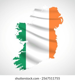 Silhouette of Ireland map filled with the Irish flag design, symbolizing national pride, cultural heritage, and geographic identity.  
