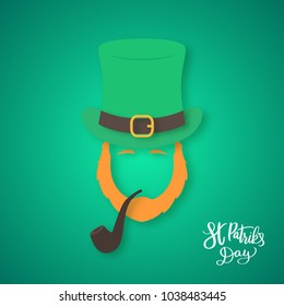 Silhouette of Irishman head with ginger beard and smoking pipe. Happy St. Patrick's Day. Origami concept. Vector illustration.