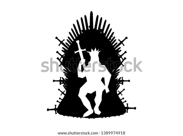 Silhouette iron throne of Westeros made of antique swords or metal blades. Ceremonial chair built of weapon isolated on white background. Beautiful fantasy design element. Vector Thrones King Arthur 
