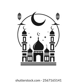 Silhouette of an Islamic Mosque with Crescent Moons and Stars