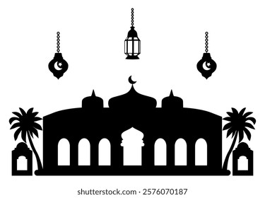 Silhouette of Islamic mosque with decorative lanterns hanging and palm trees, perfect for Ramadan-themed designs.