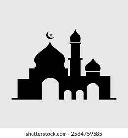 Silhouette of an Islamic mosque with domes and a crescent moon. A perfect representation of Muslim architecture, spirituality, Ramadan, prayer, and Islamic culture