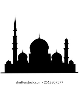 Silhueta de uma mesquita islâmica com cúpulas e minaretes contra um fundo branco. Perfeito para temas religiosos, culturais ou arquitetônicos em projetos de design. Ilu preto e branco simples e elegante