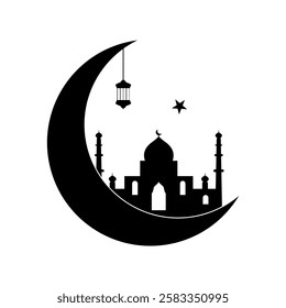 Silhouette of Islamic mosque with domes and minarets, elegantly placed within a crescent moon. Hanging lanterns and a star add a festive and spiritual touch, Ramadan, Eid, and Islamic culture