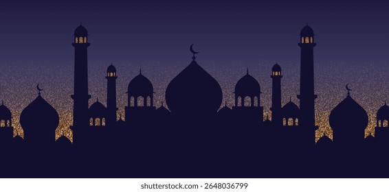 Silhouette of an Islamic skyline at night, with domes and minarets. Vector illustration.