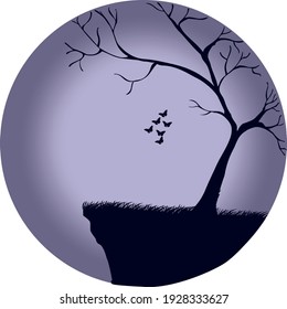 Silhouette of an island at moon, butterflies, at midnigh