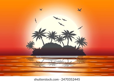 Silhouette of island with palm tree on beach. Sun with reflection in water and seagulls. Sunset in tropical place. Vector illustration