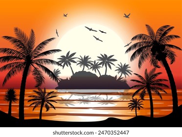 Silhouette der Insel mit Palme am Strand. Sonne mit Reflexion im Wasser und Möwen. Sonnenuntergang in tropischem Ort. Vektorillustration