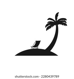 silhouette island with three palms and beach chair vector illustration