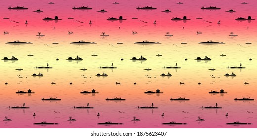 Silhouette of the islands against the background of the dawn sea. Fishermen, boats, houses, trees and more. Nice soft background for fabric, wallpaper or your other design. vector.