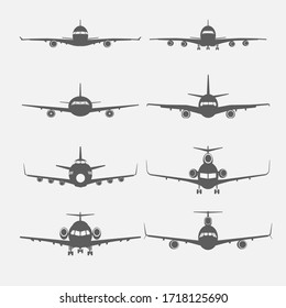 Silhouette isolated front view aircraft set. flat icon show airplane with 2, 3,4 or 6 engine. Vector from illustrator programs.