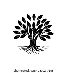 Silhouette of an isolated rooted mangrove tree on a white background, vector illustration