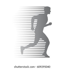 Silhouette of isolated running man with moving lines on white. Athletic logotype of quickly running person. Sport lifestyle colourless vector illustration. Motion movement in cartoon style flat design