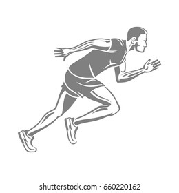 Silhouette of isolated running man on white background. Male person in sportswear and running shoes