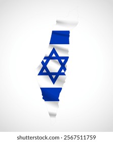 Silhouette of Israel map filled with the Israeli flag design, symbolizing national pride, cultural heritage, and geographic significance.  
