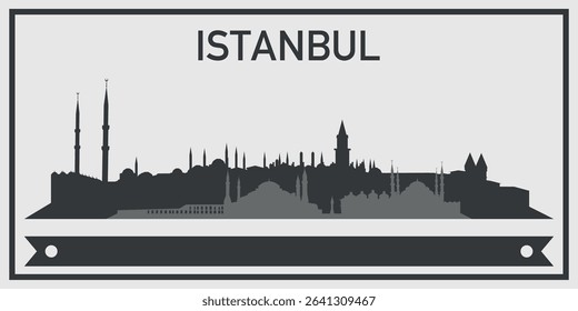 Silhouette of Istanbul city skyline with minimalistic design in black and gray color scheme and decorative ribbon for text on the bottom. Vector on a gray background