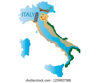 Silhouette of Italy on world map with filling in country symbols