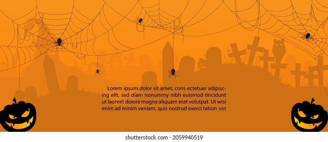 Silhouette von Jack-Laternen mit Beispieltext über die Atmosphäre des Friedhofs zu Halloween gruseligen Tag mit orangefarbenem Hintergrund. Karte und Poster von Halloween Tag im Web-Banner und Vektordesign.