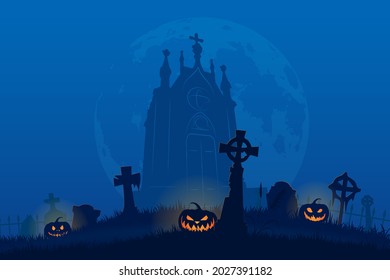 Silhouette Jack O Lantern pumpkins in cemetery background on full moon night, Halloween concept flat illustration vector .