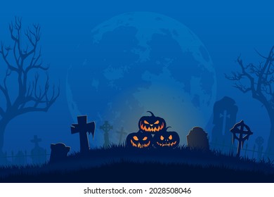 Silhouette Jack O Lantern pumpkins in cemetery background on full moon night, Halloween concept flat illustration vector .