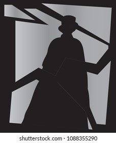 A silhouette of Jack the ripper on a smashed mirror on a black background
