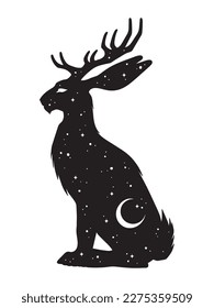 Silhouette von Jackalope Hare mit Hörnern folklore Zaubertier mit Nachthimmel mit crescent Mond gothischen Tätowierungsdesign einzelne Vektorgrafik