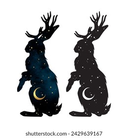 Silhouette von Jackalope Hase mit Hörnern Folklore magisches Tier mit Nachthimmel mit Halbmond Gothic Tattoo Design isolierte Vektor-Illustration