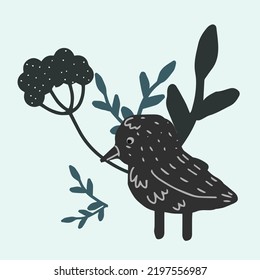 Silhouette of a jackdaw's head on a background of bushes vector illustration. Black bird head.